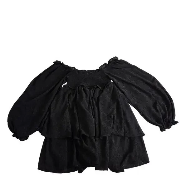 Altar'd State Black Flowy Layers Floral Embroidered Puff Sleeve XS Dress - Picture 2 of 8